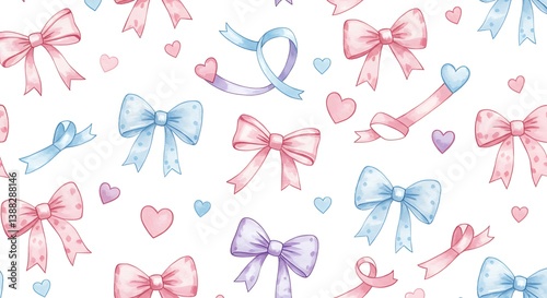 Pastel Watercolor Bows & Hearts Seamless Pattern AI Generated