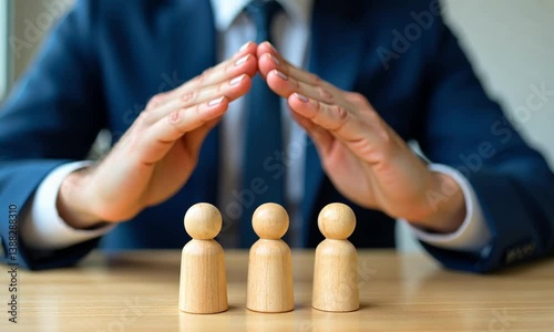 Businessman covering wooden figures of people. Employer commitment to protecting the human rights, labor rights, and providing support and insurance to employees within the community



