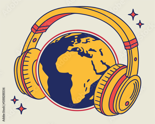 Global Audio Communication: Headphones on World Globe with Starry Background.