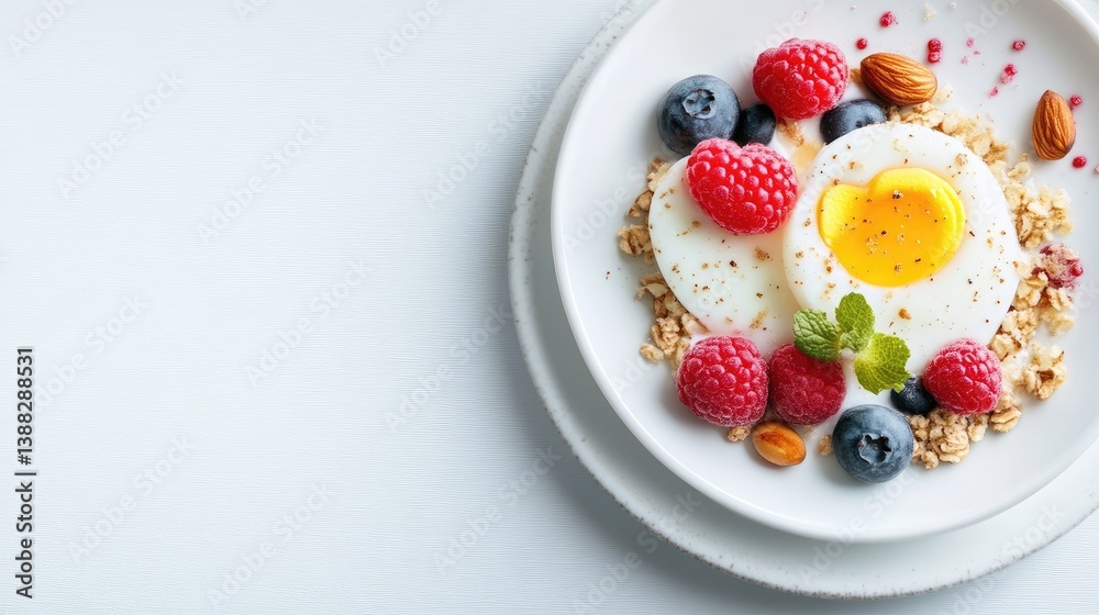 A plate holds two halved boiled eggs atop granola, surrounded by raspberries, blueberries, and almonds. The composition is simple and visually appealing. The image is high-quality, brightly lit, and A plate holds two halved boiled eggs atop granola, surrounded by raspberries, blueberries, and almonds. The composition is simple and visually appealing. The image is high-quality, brightly lit, and