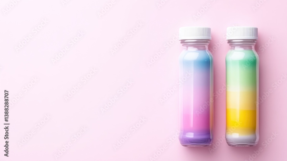 Two glass bottles with pastel rainbow liquids sit on a pink background. The bottles have white caps. The image is high-quality, well-lit, and features a minimalist style. Soft pastel colors create Two glass bottles with pastel rainbow liquids sit on a pink background. The bottles have white caps. The image is high-quality, well-lit, and features a minimalist style. Soft pastel colors create