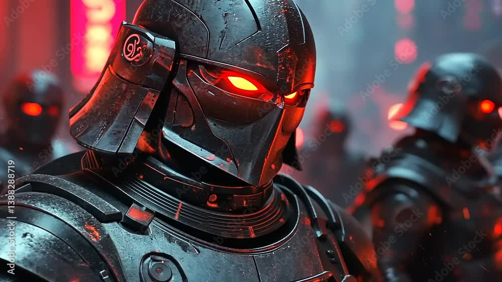 Futuristic soldiers in dark armor with glowing red eyes patrol a neon-lit urban street scene Futuristic soldiers in dark armor with glowing red eyes patrol a neon-lit urban street scene