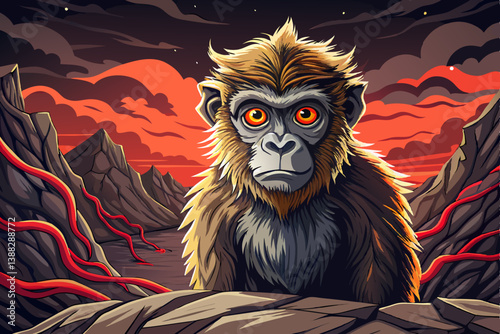 Monkey portrait on the edge of a volcanic crater landscape