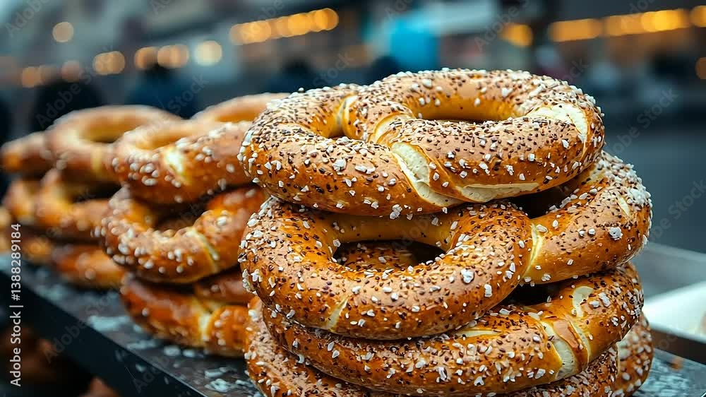 Freshly baked pretzels stacked high at a bustling market with people enjoying nearby