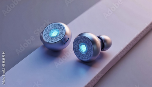 Trendy neo futurism 2025 ai design rendering: Two stylish, futuristic-looking earbuds with glowing blue accents rest on a reflective surface, showcasing a unique, patterned design.