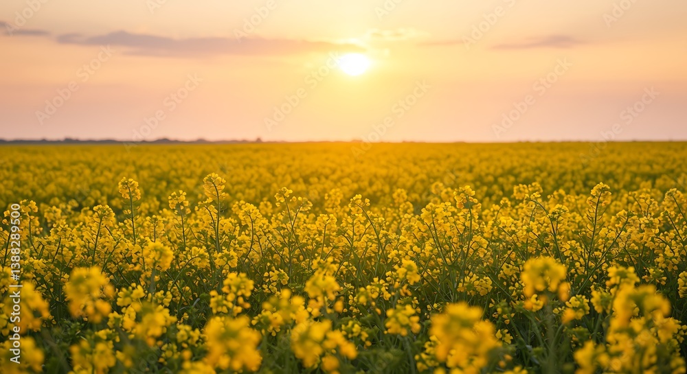 Fototapeta premium Golden Hour Rapeseed Sunset: Serene Field Bloom AI Generated