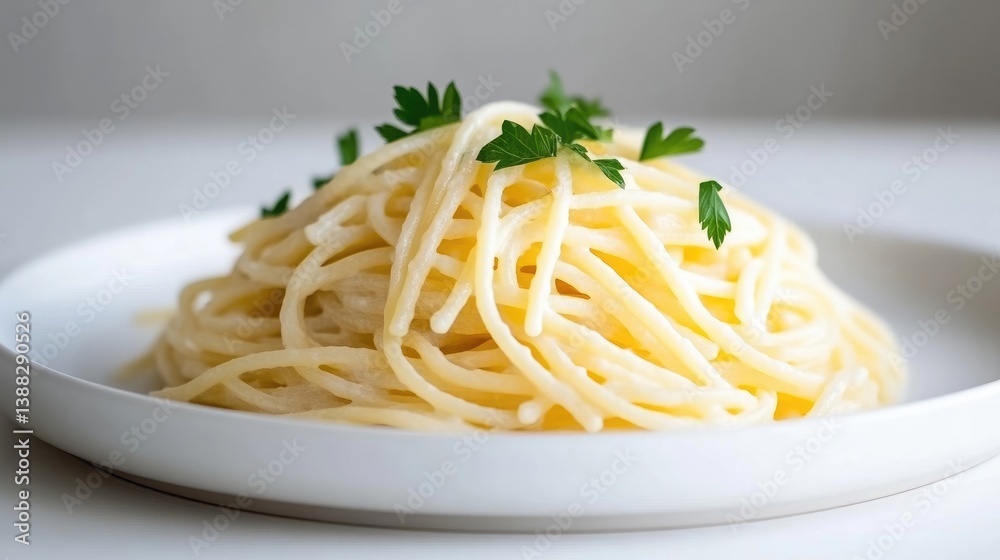 A plate of creamy spaghetti, garnished with parsley, is presented. The spaghetti is piled high, appearing light and fluffy. The photo is high-quality with bright, natural lighting. The style is clean A plate of creamy spaghetti, garnished with parsley, is presented. The spaghetti is piled high, appearing light and fluffy. The photo is high-quality with bright, natural lighting. The style is clean