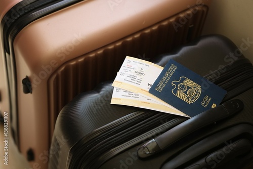 Canvas Print United Arab Emirates UAE passport with tickets lies on touristic suitcase close