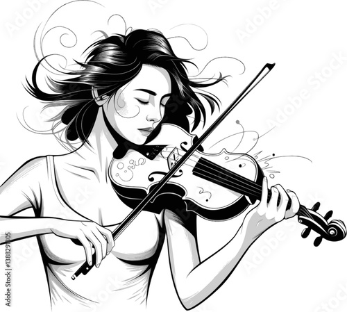 Violin Playing Girl Vector Illustration - Hand-Drawn Art for Music and Creative Designs