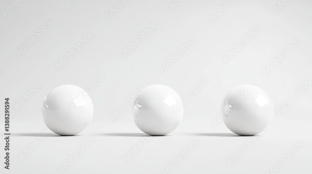 Three smooth, white spheres are arranged in a row against a stark white background. The image is simple and minimalist. The lighting is even, creating soft shadows. The style is clean and modern. Three smooth, white spheres are arranged in a row against a stark white background. The image is simple and minimalist. The lighting is even, creating soft shadows. The style is clean and modern.
