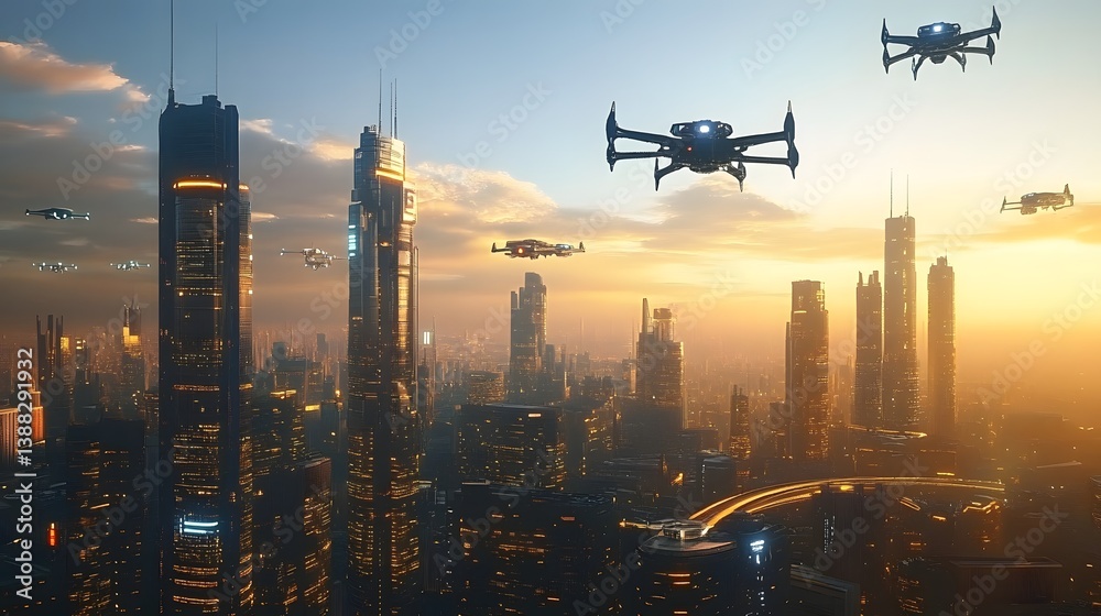 City of Tomorrow: Drone swarms navigate a futuristic cityscape at dusk, offering a glimpse into the innovation and tech-focused future of urban living. A seamless blend of technology and cityscape. City of Tomorrow: Drone swarms navigate a futuristic cityscape at dusk, offering a glimpse into the innovation and tech-focused future of urban living. A seamless blend of technology and cityscape.