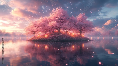 A dreamy floating island covered in cherry blossom trees, petals drifting in slow motion under a twilight sky, glowing lanterns in the distance,