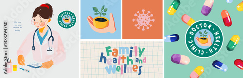 Family medicine, health and pediatrician. Vector cute children watercolor illustration of good doctor, logo, hand with leaflet, virus, pill pattern for poster, background or brochure