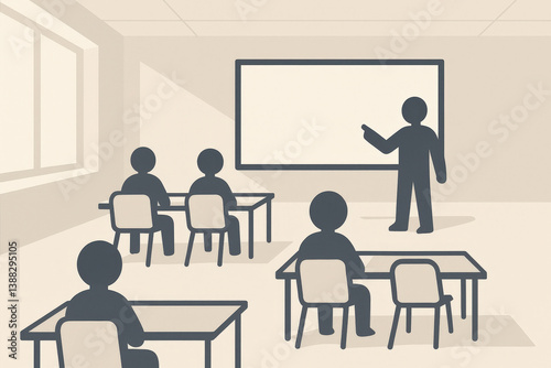 Classroom Scene with Teacher Teaching Students in Minimalist Style  
