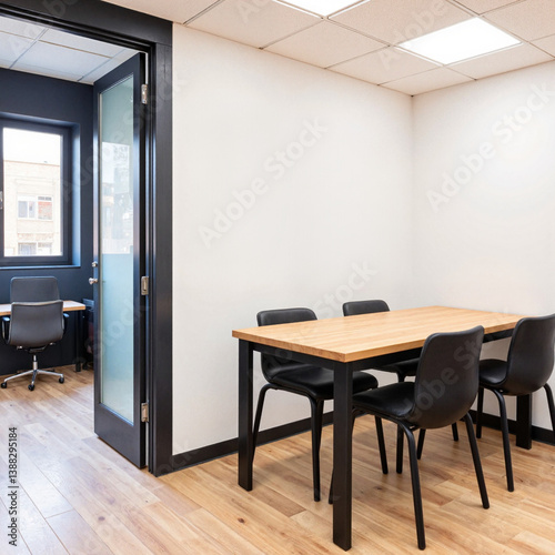 Minimalist training corner with whiteboard and table in office, productivity
