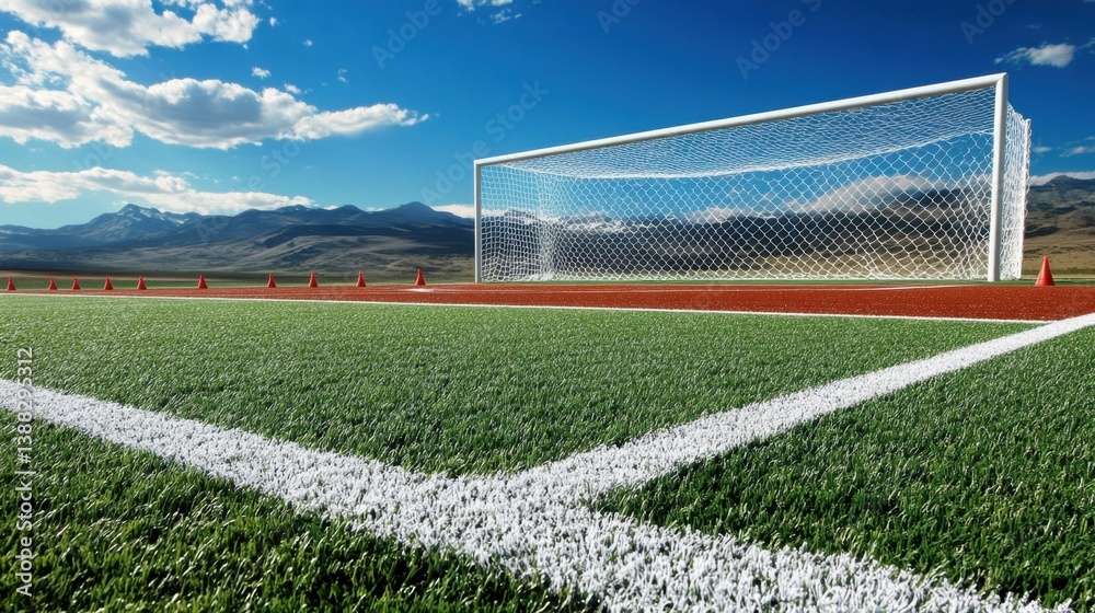 Fototapeta premium Sports field with soccer goalpost, cones, and track lines freshly painted under a blue sky