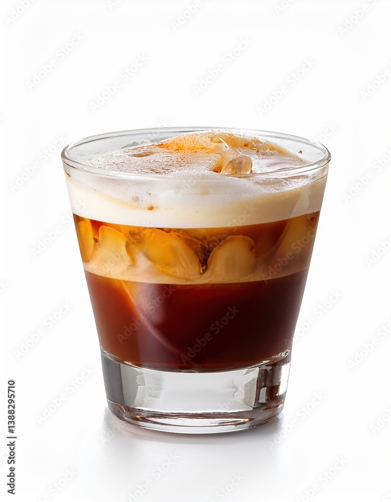 Iced coffee in glass with foam and ice cubes on white background Iced coffee in glass with foam and ice cubes on white background