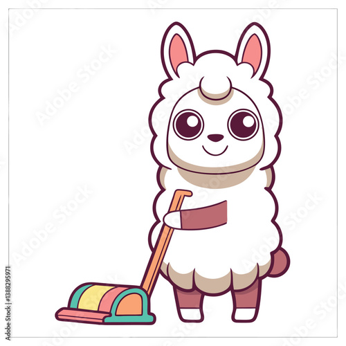 Cartoon Llama Vacuuming Floor with Cute Expression on White Background