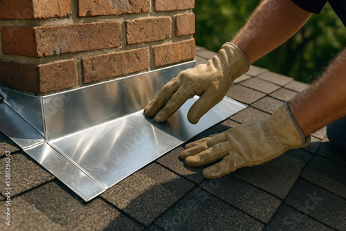 Roofer installing metal flashing around brick chimney on shingle roof

