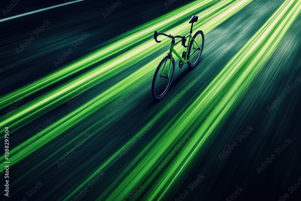 Fototapeta premium Vibrant green light trails with a bicycle on a dark road at night