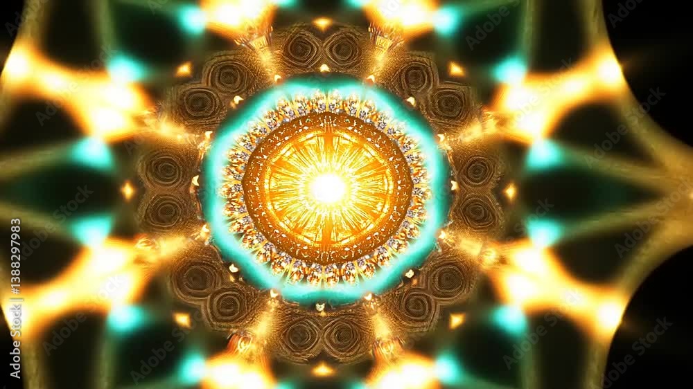 Vibrant kaleidoscopic pattern featuring radiant sun-like center with intricate designs