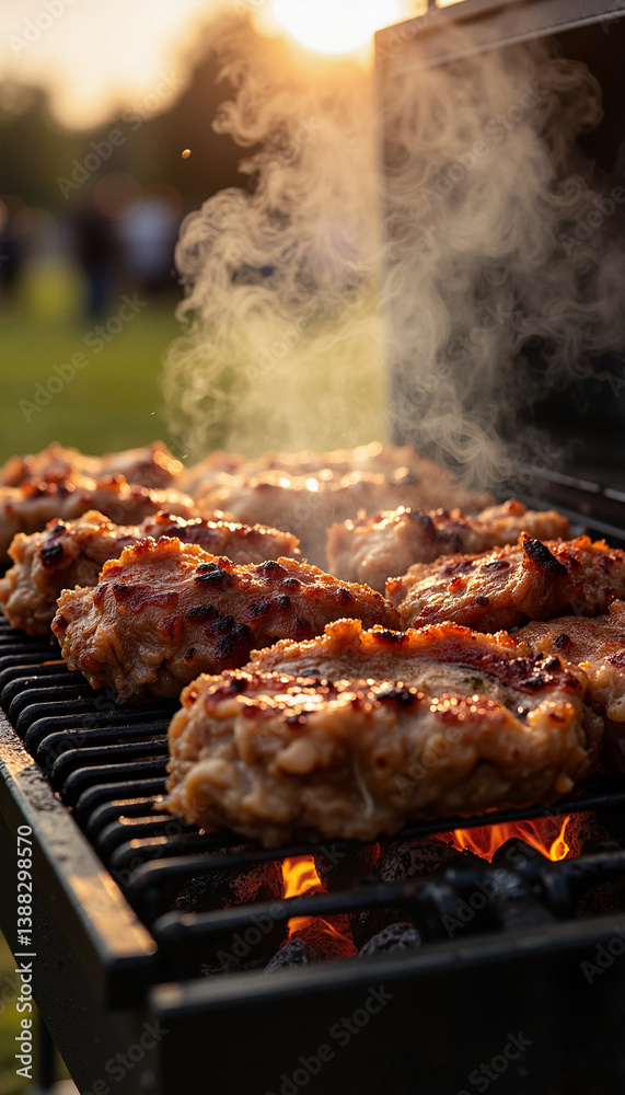 Grilled alpaca meat cooking on barbecue with smoke at sunset Grilled alpaca meat cooking on barbecue with smoke at sunset