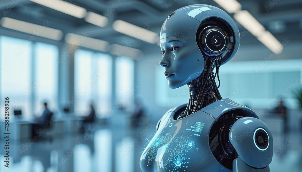Trendy neo futurism 2025 ai design rendering: A sleek, humanoid robot with a neutral expression stands in a modern office space, observing the blurred figures of colleagues working in the background Trendy neo futurism 2025 ai design rendering: A sleek, humanoid robot with a neutral expression stands in a modern office space, observing the blurred figures of colleagues working in the background