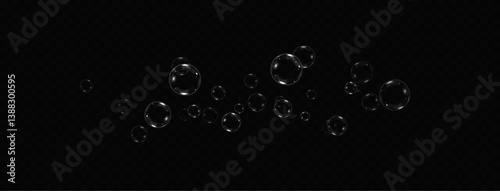 Glowing soap bubbles on black background. Collection of realistic  bubbles, 3D soap balloon. Foam, powder,  Png, soap, detergen, Vector flying  bubbles.