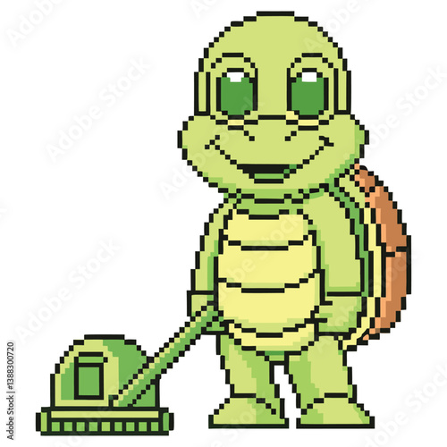 Pixelated Green Turtle Cartoon Character Cleaning with Vacuum on White Background