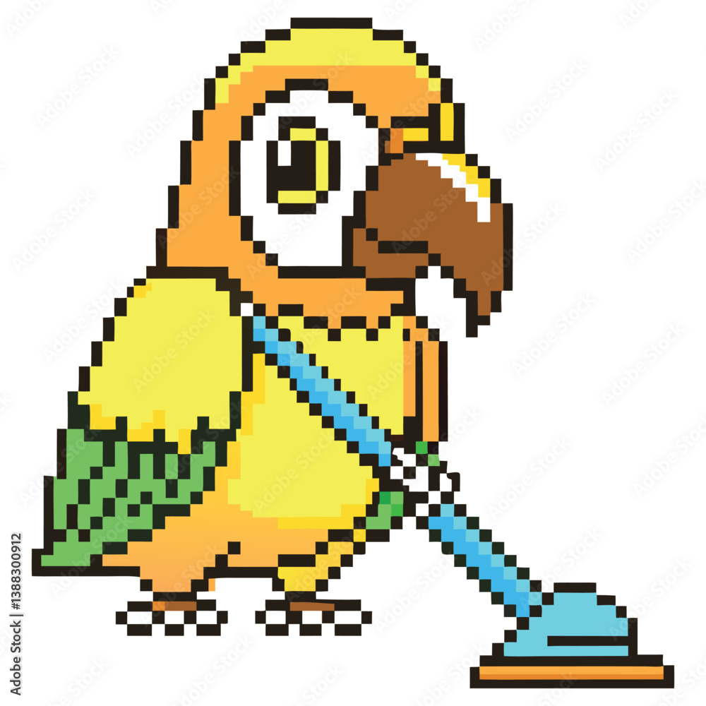 Obraz premium Pixel Art Parrot Vacuuming, Yellow and Orange Bird, Transparent Background