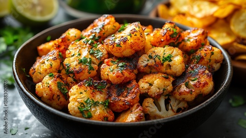 Roasted cauliflower florets with herbs in a bowl.