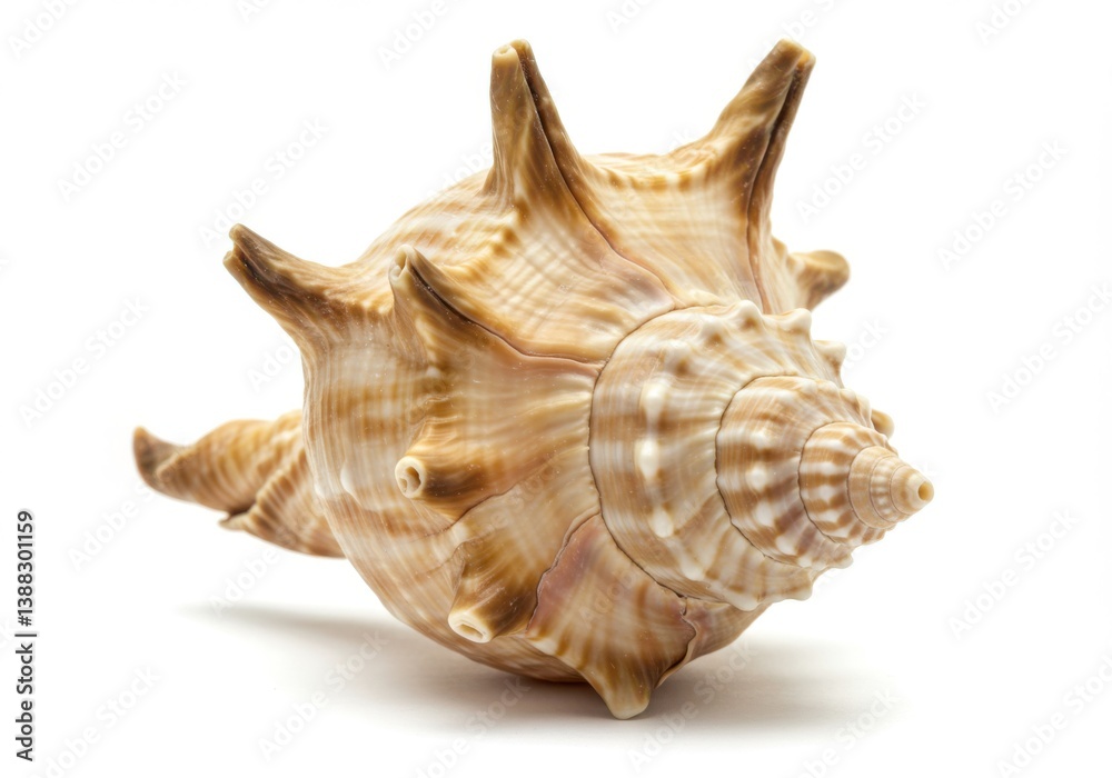Seashell with spiral pattern and intricate ridges isolated on white background Seashell with spiral pattern and intricate ridges isolated on white background