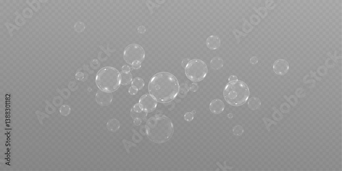 Soap Bubbles are located on a transparent background . Collection of realistic  bubbles, 3D soap balloon. Foam, powder,  Png, soap, detergen, Vector flying  bubbles.