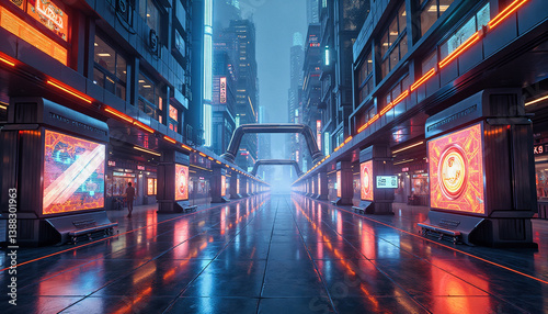 Trendy neo futurism 2025 ai design rendering: A lone figure walks down a glistening, neon-lit street in a futuristic cityscape, surrounded by towering buildings and vibrant digital advertisements.