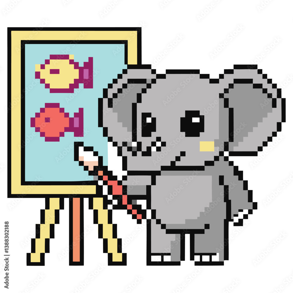 Fototapeta premium Pixel Art Style Elephant Painting Fish on Easel with Brush on Transparent