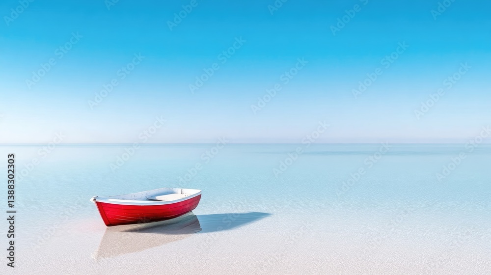 Naklejka premium A small, red rowboat sits in calm, shallow water. The boat is the central focus against a minimalist background of a clear blue sky and tranquil ocean. The image is high-resolution with vibrant color