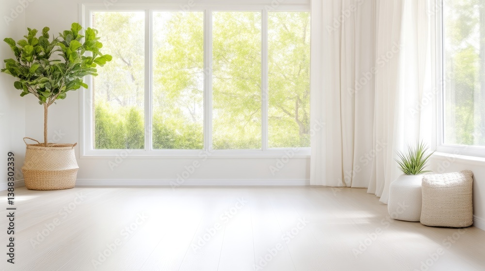 Fototapeta premium A bright room features a large window showcasing a sunlit garden. A ficus tree in a woven basket and small potted plants near sheer white curtains add detail. The hardwood floors reflect natural ligh