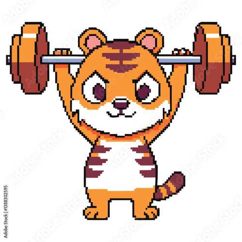 Pixelated Tiger Lifting Barbell with Striped Fur on Transparent Background