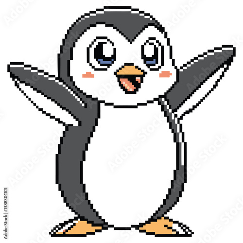 Pixel Art Style Cheerful Penguin Raising Wings on Transparent Background Design