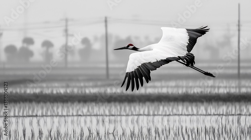 Cranes jet black wingtips focus mid flight over monochrome rice fields minimalist elegance