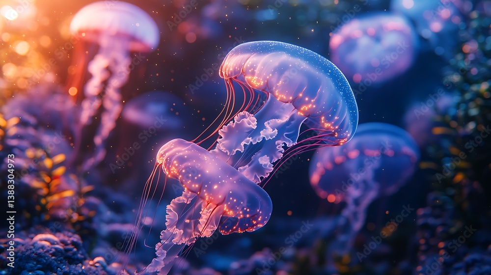 A dreamy underwater world with glowing corals and floating jellyfish, soft blue and purple hues creating a peaceful, calming atmosphere, A dreamy underwater world with glowing corals and floating jellyfish, soft blue and purple hues creating a peaceful, calming atmosphere,