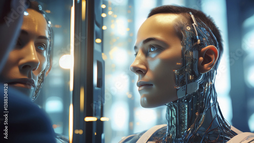 Cybernetic Human Staring at Mirror – Concept of Transhumanism and Identity