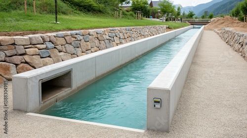 Wastewater inflow channel with measurement flume and flow monitoring sensor installed for data logging