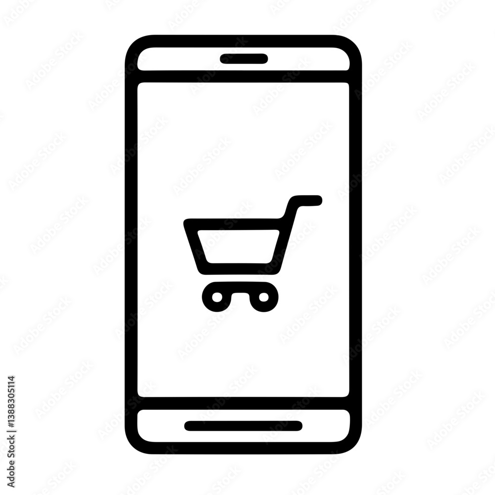 Minimalist black and white icon of smartphone with shopping cart symbol representing mobile commerce and online shopping Minimalist black and white icon of smartphone with shopping cart symbol representing mobile commerce and online shopping
