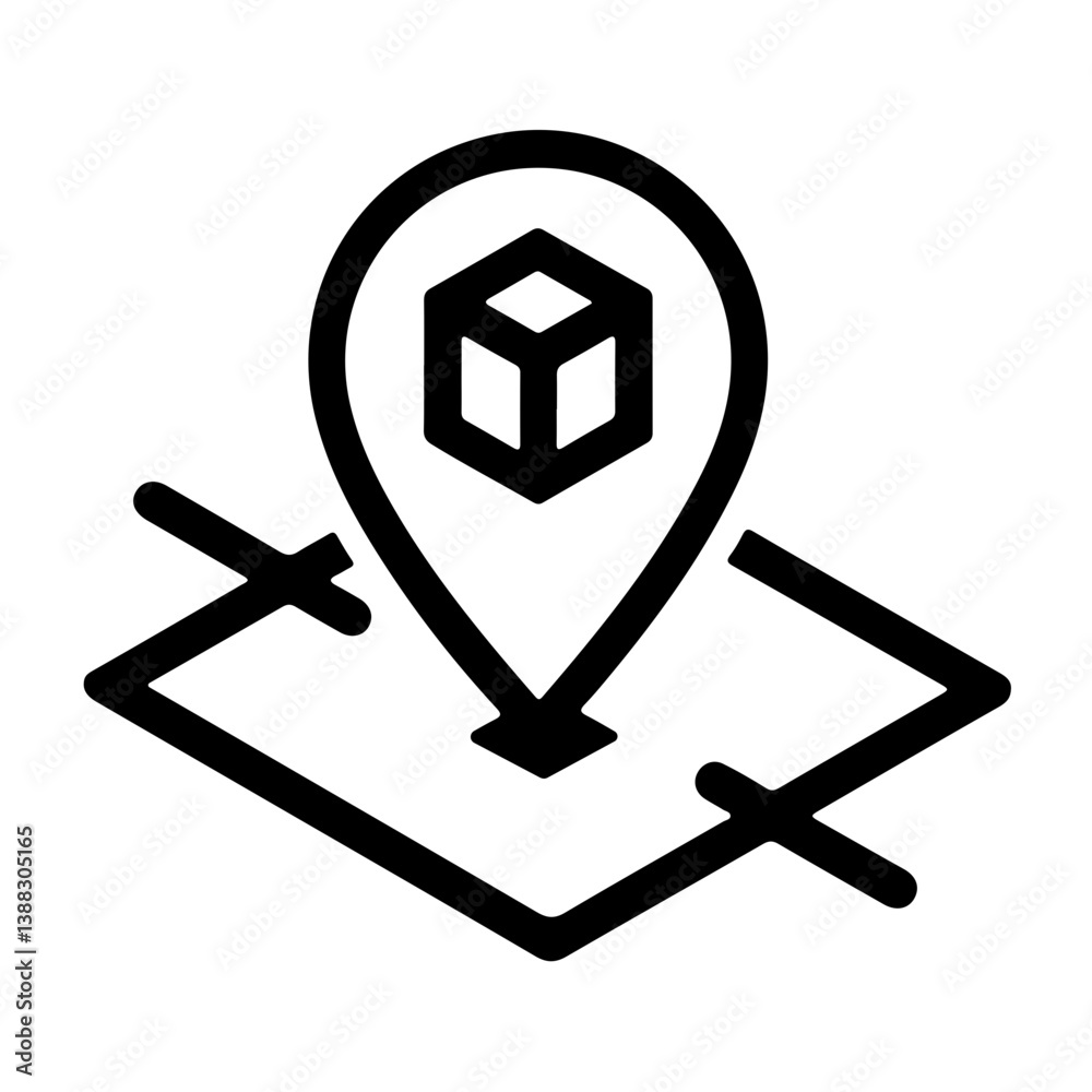 Minimalist icon of map with location pin and cube representing order tracking delivery route and logistics