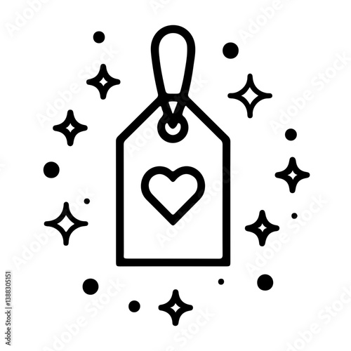 Minimalist icon of price tag with heart and sparkles symbolizing love gift discount and product marketing