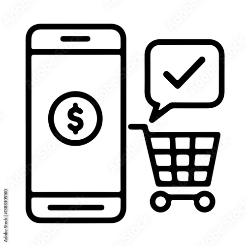 Minimalist icon of smartphone with payment confirmation and shopping cart representing mobile ecommerce and checkout process