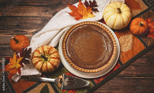 pumpkin pie with autumn leaves