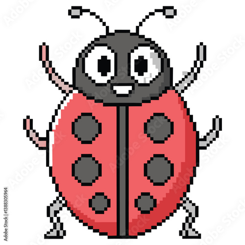 Pixel Art Cheerful Ladybug Cartoon with Red Shell and Transparent Background