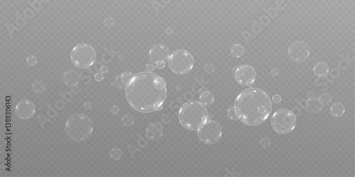 Soap Bubbles are located on a transparent background . Collection of realistic  bubbles, 3D soap balloon. Foam, powder,  Png, soap, detergen, Vector flying  bubbles.